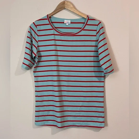 LuLaRoe Red and Teal Striped Top - Picture 1 of 3